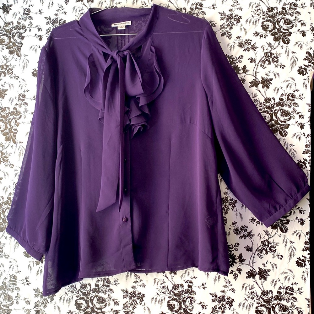 Glorious sheer blouse with ruffle and bow accent. Size 14 USA